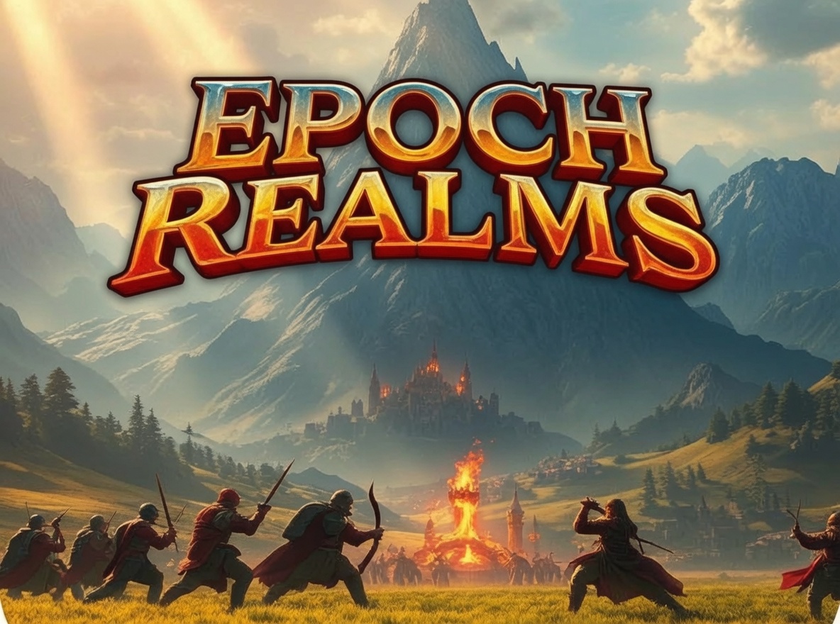 Epoch Realms key art — a mountain kingdom at dusk